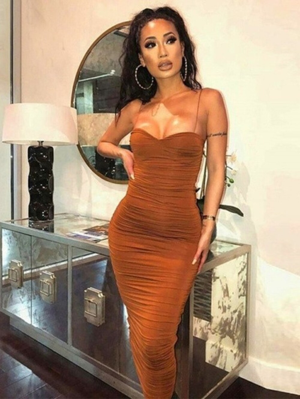 Oh Polly Brown Ruched Midi Dress Size 2